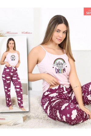 Cloud Patterned Rope Suspender Pajama Set -Powder