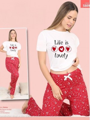 Kalp Desenli Kısa Kollu Pijama Takımı -Kırmızı