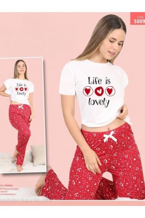 Kalp Desenli Kısa Kollu Pijama Takımı -Kırmızı