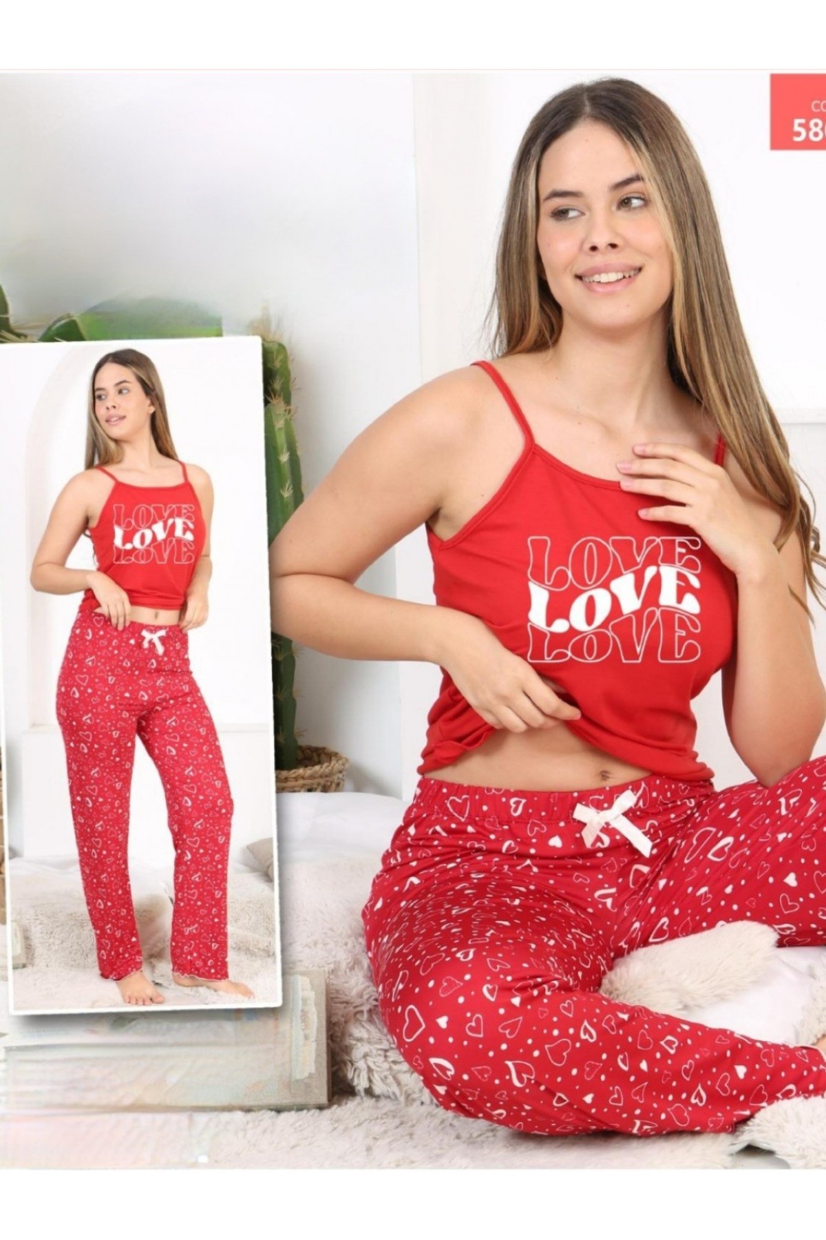 Heart Patterned Rope Suspender Pajama Set -Red