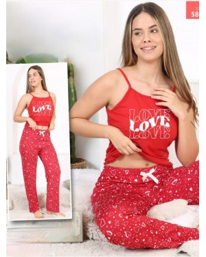 Heart Patterned Rope Suspender Pajama Set -Red
