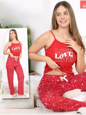 Heart Patterned Rope Suspender Pajama Set -Red