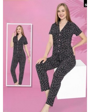 Small Floral V Neck Buttoned Short Sleeve Pajama Set -Black