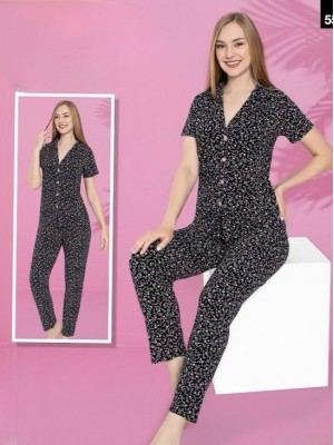 Küçük Çiçekli V Yaka Düğmeli Kısa Kollu Pijama Takımı -Siyah