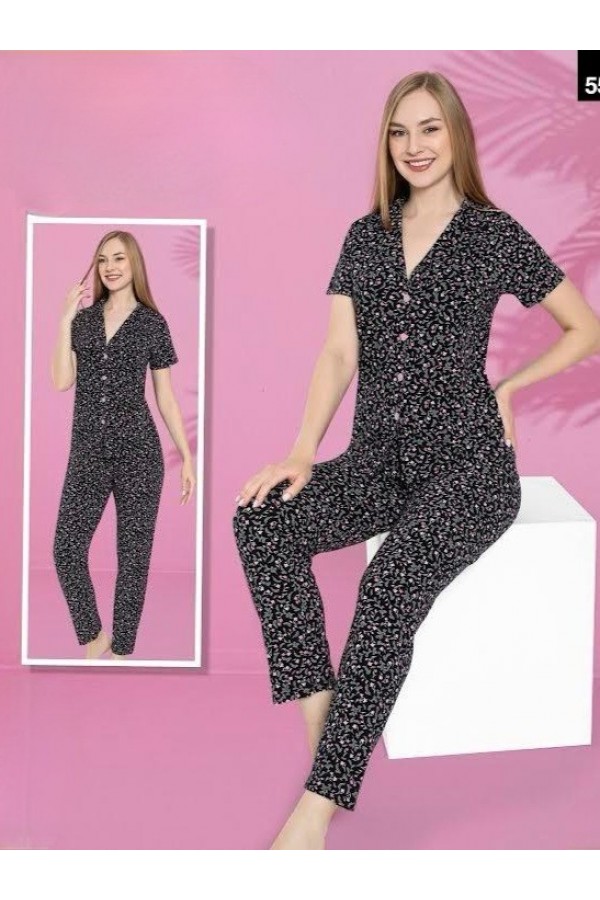 Küçük Çiçekli V Yaka Düğmeli Kısa Kollu Pijama Takımı -Siyah