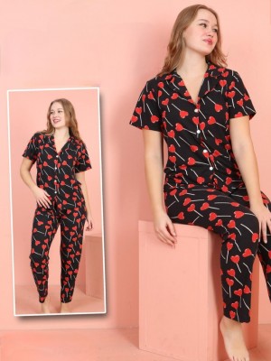 Kalp Desenli Düğmeli Kısa Kol Pijama Takımı -Kırmızı