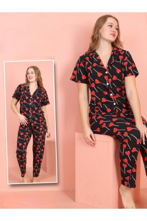 Kalp Desenli Düğmeli Kısa Kol Pijama Takımı -Kırmızı