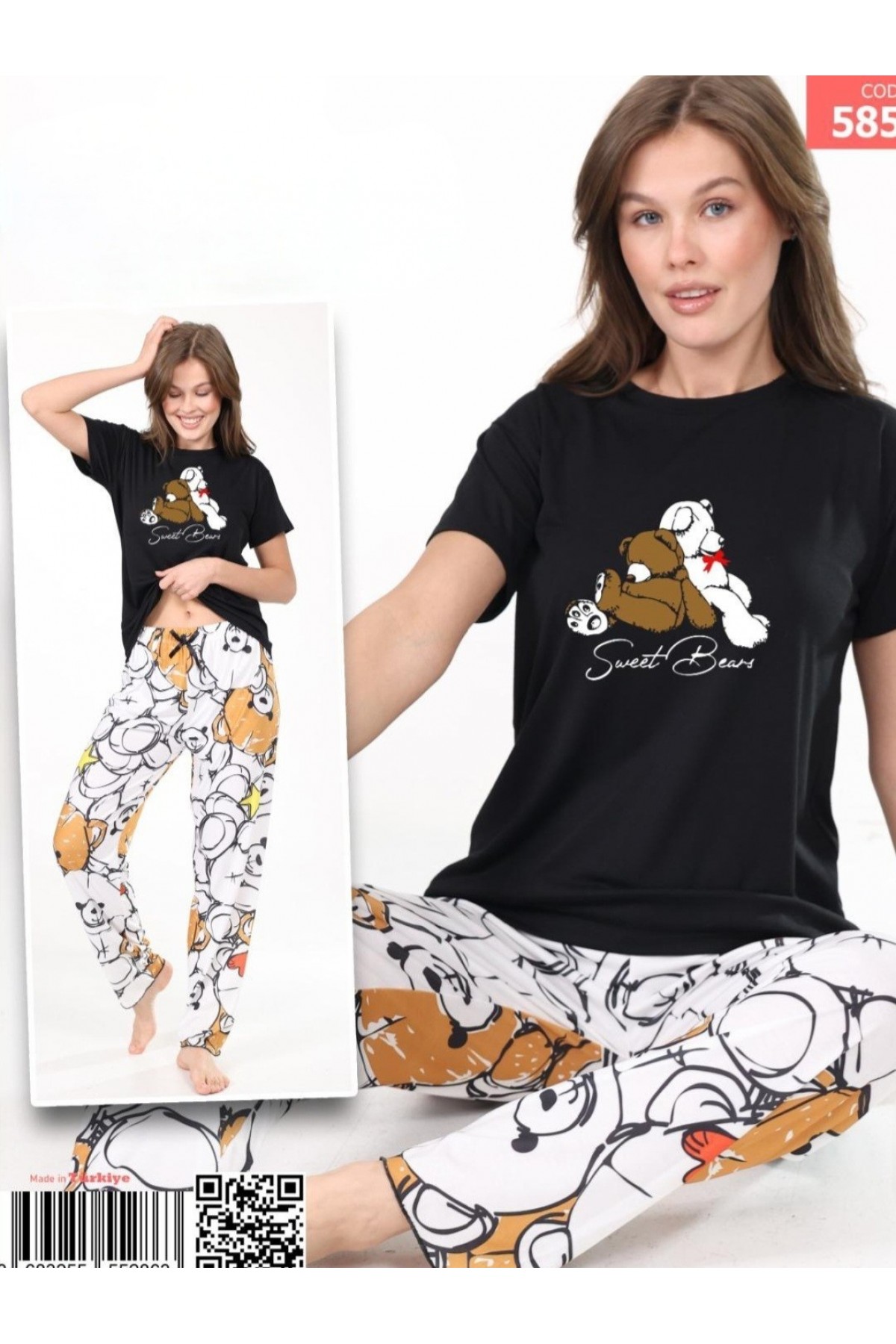 Teddy Bear Patterned Short Sleeve Pajama Set -Black