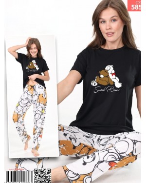 Teddy Bear Patterned Short Sleeve Pajama Set -Black