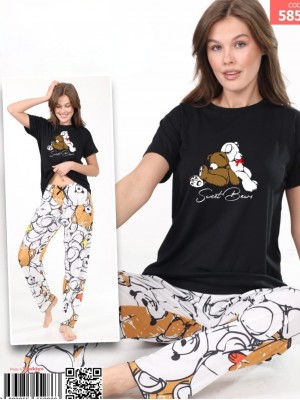 Ayıcık Desenli Kısa Kollu Pijama Takım -Siyah
