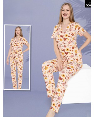 Large Floral Buttoned Short Sleeve Pajama Set -Salmon
