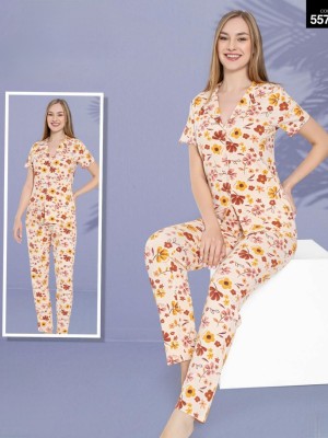 Büyük Çiçekli Düğmeli Kısa Kollu Pijama Takımı -Somon