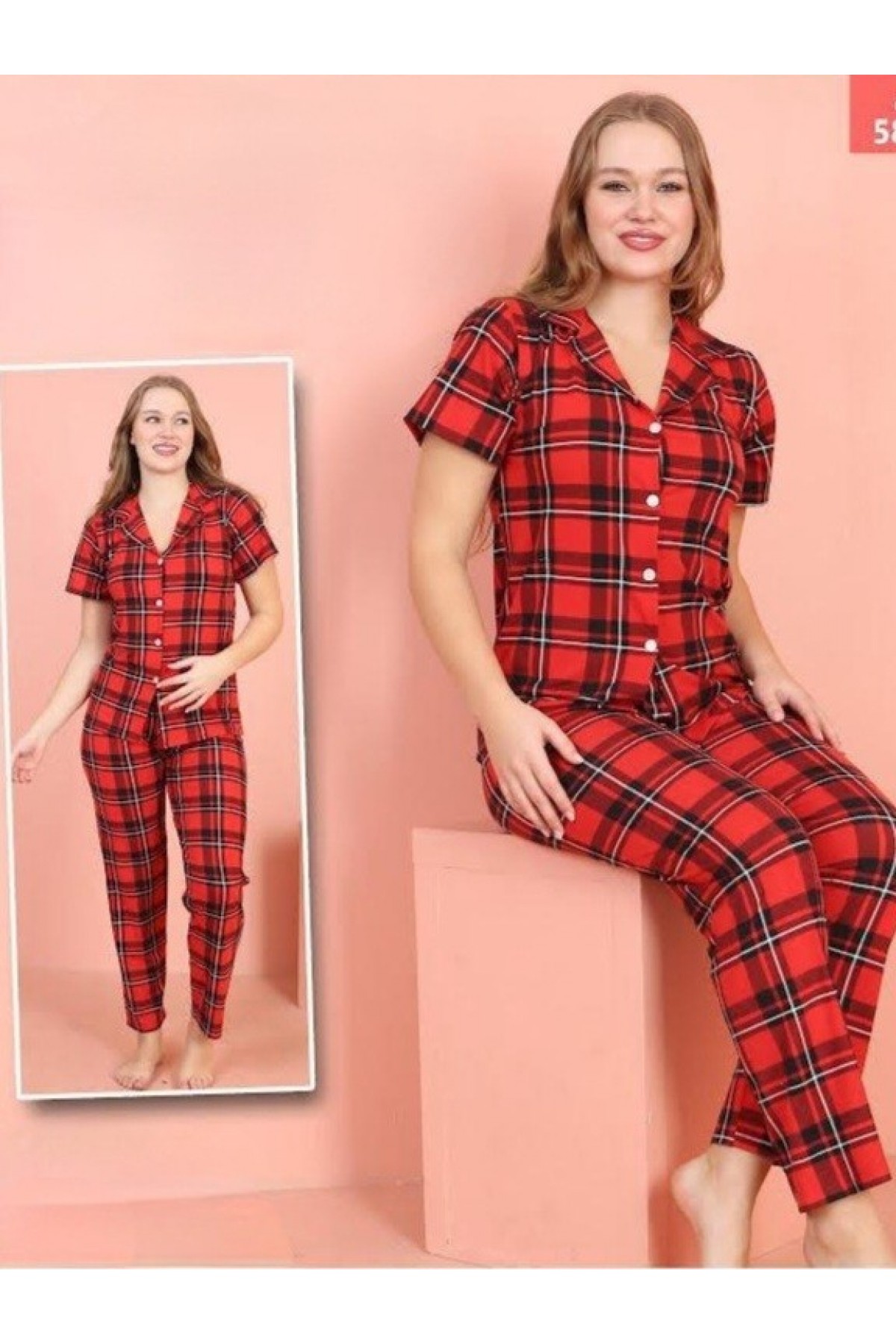 Kareli Düğmeli Kısa Kollu Pijama Takımı -Kırmızı