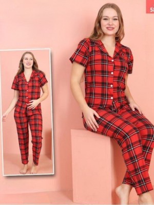 Checkered Buttoned Short Sleeve Pajama Set -Red