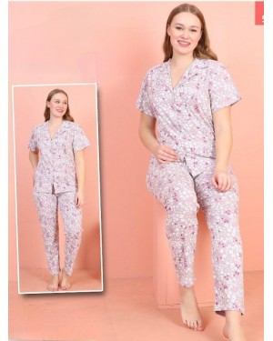 Floral Patterned V Neck Buttoned Pajama Set -Light Lilac