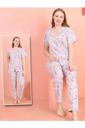 Çiçek Desenli V Yaka Düğmeli Pijama Takımı -Açık Lila