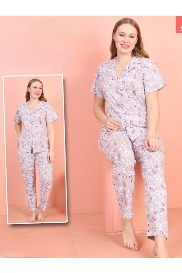 Çiçek Desenli V Yaka Düğmeli Pijama Takımı -Açık Lila