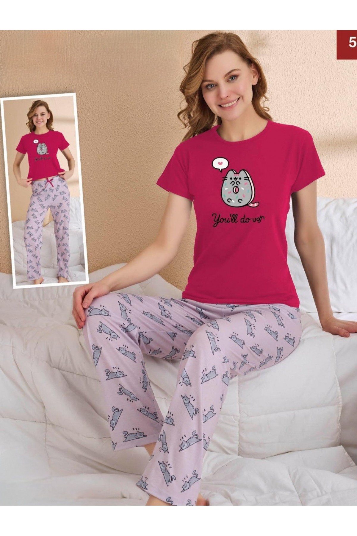 Cat Short Sleeve Pajama Set -Fuchsia