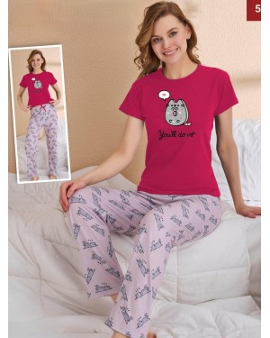 Cat Short Sleeve Pajama Set -Fuchsia