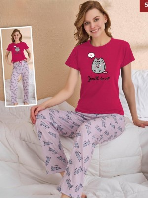 Kedili Kısa Kollu Pijama Takımı -Fuşya