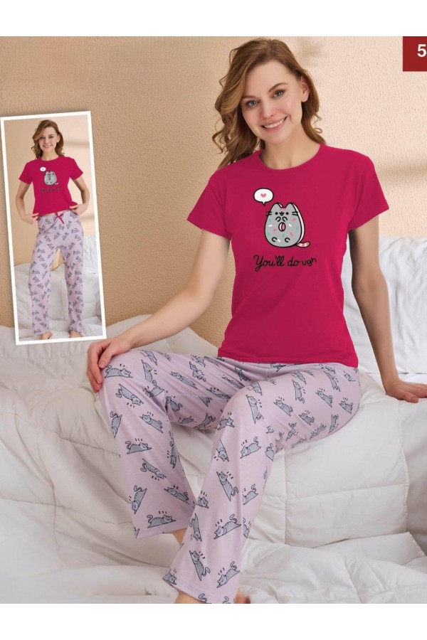 Kedili Kısa Kollu Pijama Takımı -Fuşya