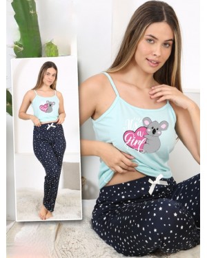 Star and Koala Patterned Rope Suspender Pajama Set -Sea green