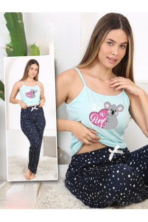 Yıldız ve Koala Desenli İp Askılı Pijama Takımı -Su Yeşili