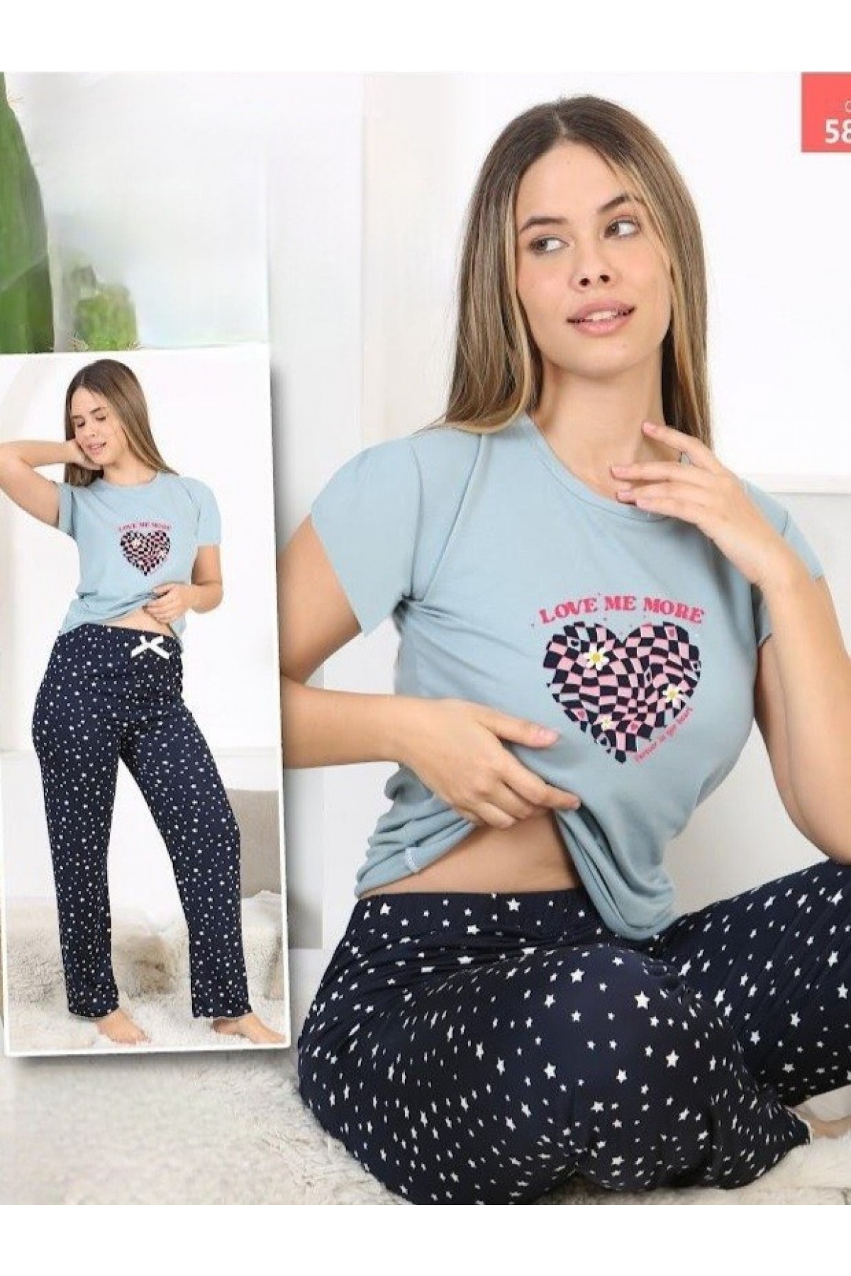 Yıldız ve Kalp Desenli Kısa Kollu Pijama Takımı -Mint