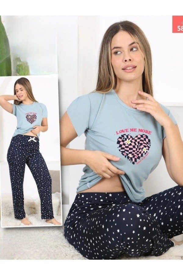 Yıldız ve Kalp Desenli Kısa Kollu Pijama Takımı -Mint