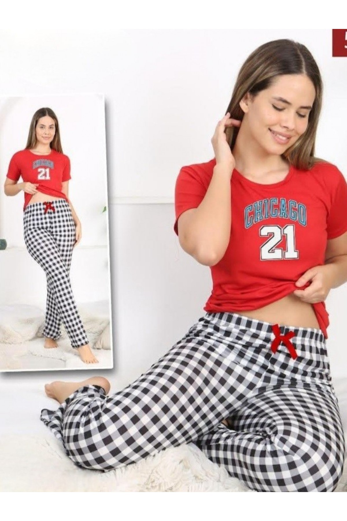 Plaid Short Sleeve Pajama Set -Red