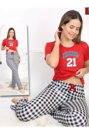 Altı Ekoseli Kısa Kollu Pijama Takımı -Kırmızı