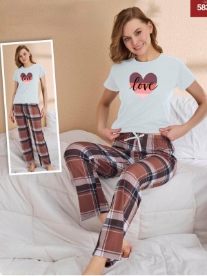 Kareli Kısa Kollu Pijama Takımı -Su Yeşili