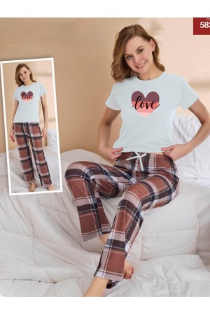Kareli Kısa Kollu Pijama Takımı -Su Yeşili