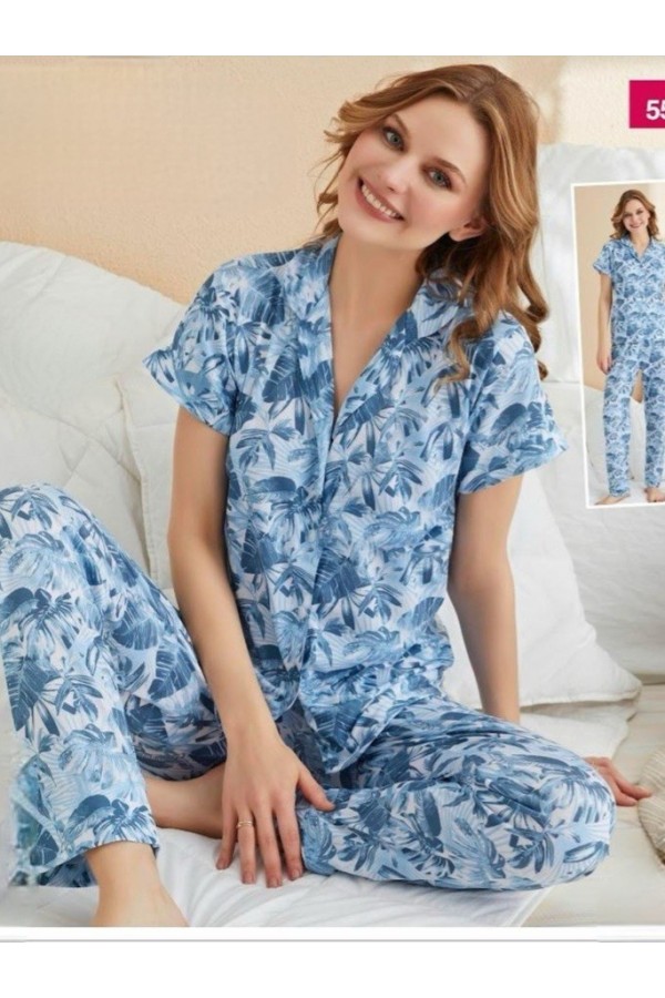 Karışık Yaprak Desenli Viskon Pijama Takımı -Mavi