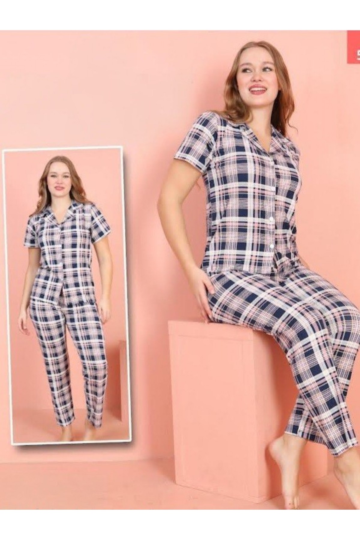 Small Checkered Buttoned Short Sleeve Pajama Set -Pink