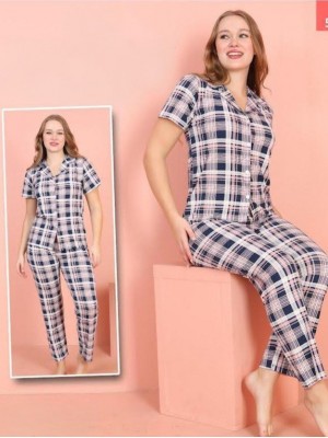 Küçük Kareli Düğmeli Kısa Kollu Pijama Takımı -Pembe
