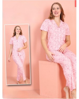 Heart Patterned Buttoned Milan Fabric Short Sleeve Pajama Set -Pink