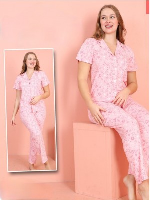 Kalp Desenli Düğmeli Milan Kumaş Kısa Kol Pijama Takımı -Pembe