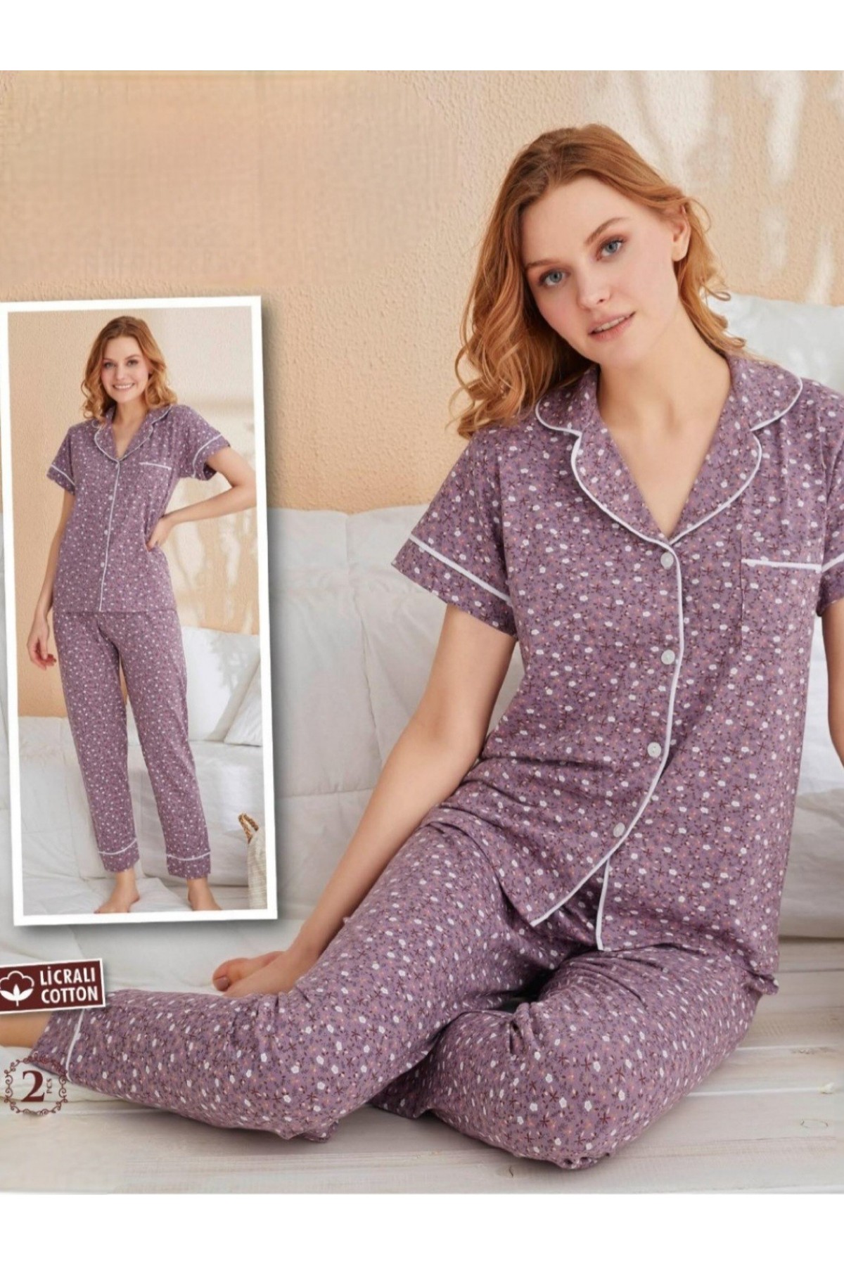 Tek Cepli Çiçekli Düğmeli Kısa Kollu Pijama Takımı -Leylak