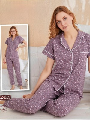 Tek Cepli Çiçekli Düğmeli Kısa Kollu Pijama Takımı -Leylak