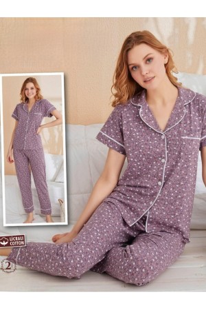 Tek Cepli Çiçekli Düğmeli Kısa Kollu Pijama Takımı -Leylak