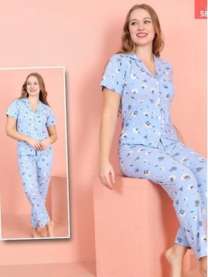Çiçek Desenli Düğmeli Milan Pijama Takımı -Mavi