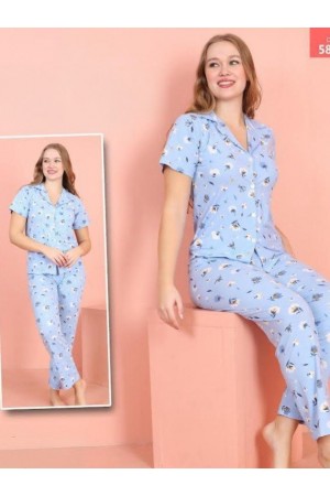 Floral Patterned Buttoned Milan Pajama Set -Blue