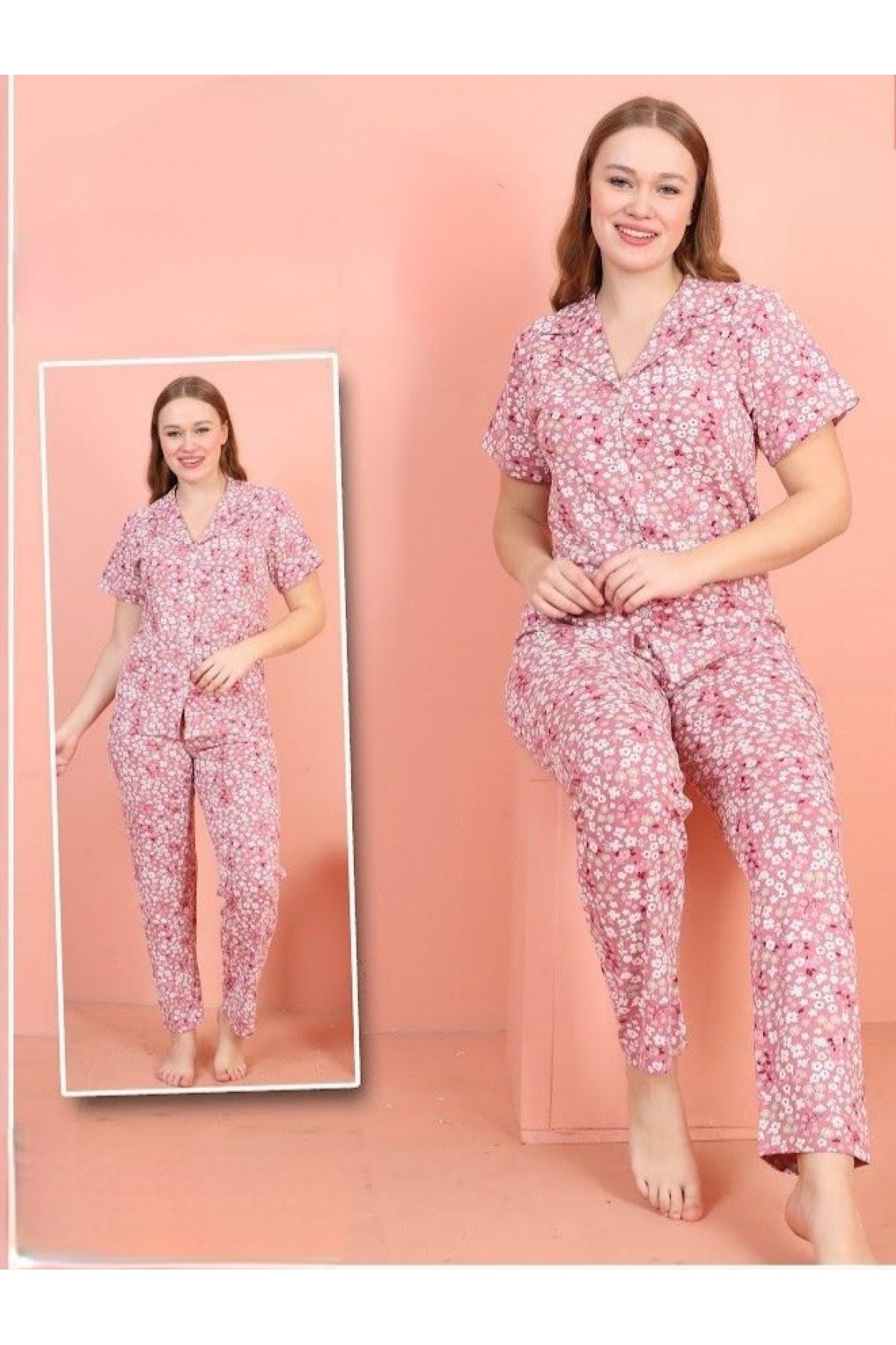Buttoned Front V Neck Short Sleeve Pajama Set -Pink