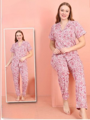 Önü Düğmeli V Yaka Kısa Kollu Pijama Takımı -Pembe