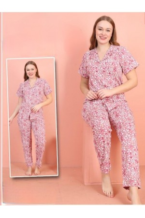 Buttoned Front V Neck Short Sleeve Pajama Set -Pink