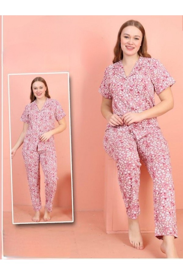 Önü Düğmeli V Yaka Kısa Kollu Pijama Takımı -Pembe