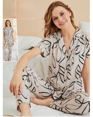 Buttoned Patterned Viscose Pajama Set -Cream color