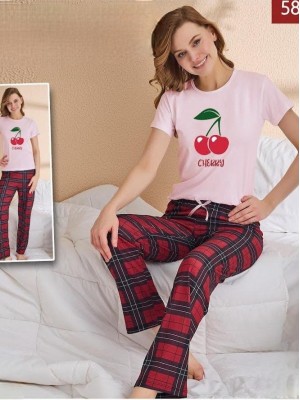 Kiraz Desenli Altı Kareli Pijama Takımı -Pudra