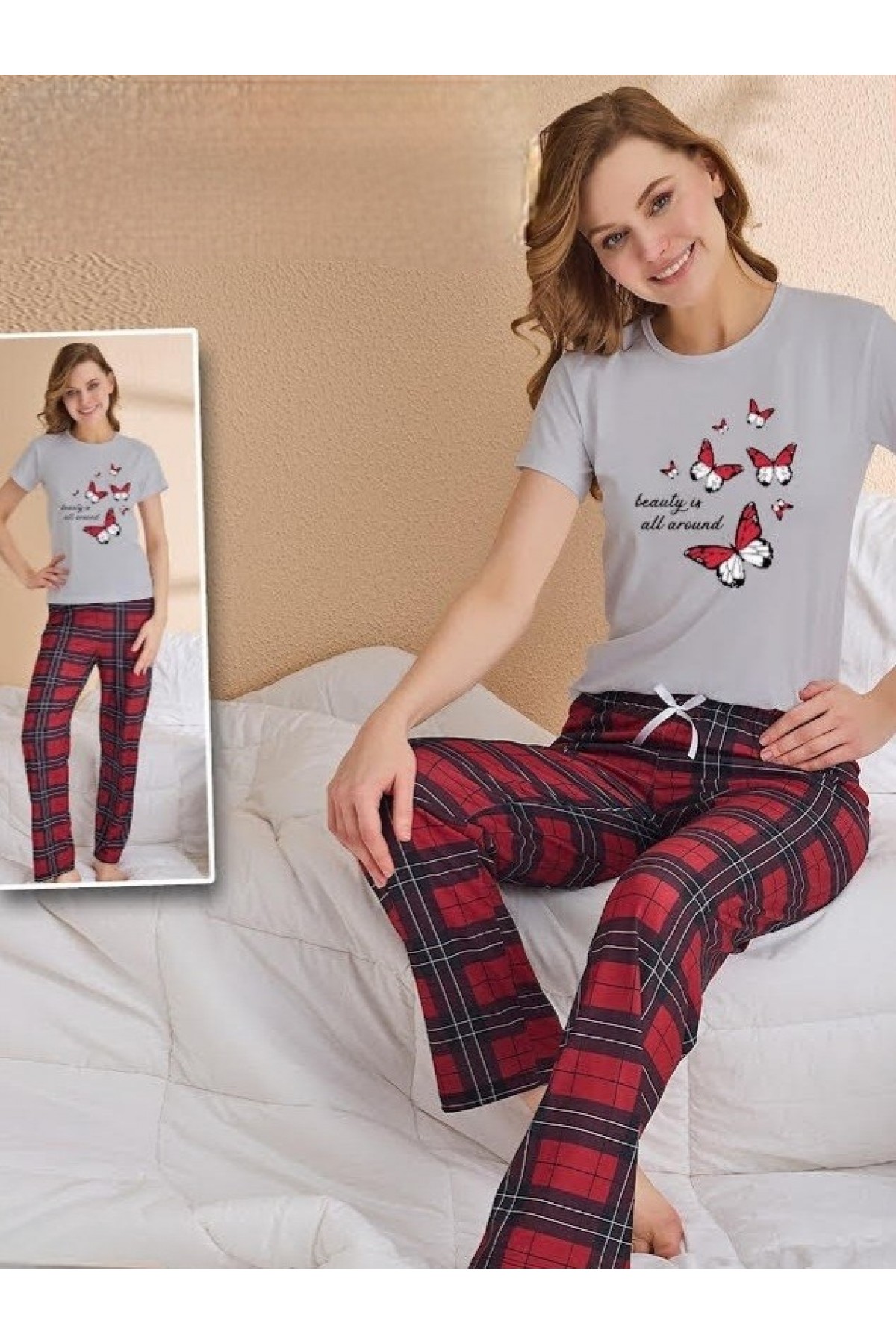 Butterfly Patterned Short Sleeve Pajama Set -Grey